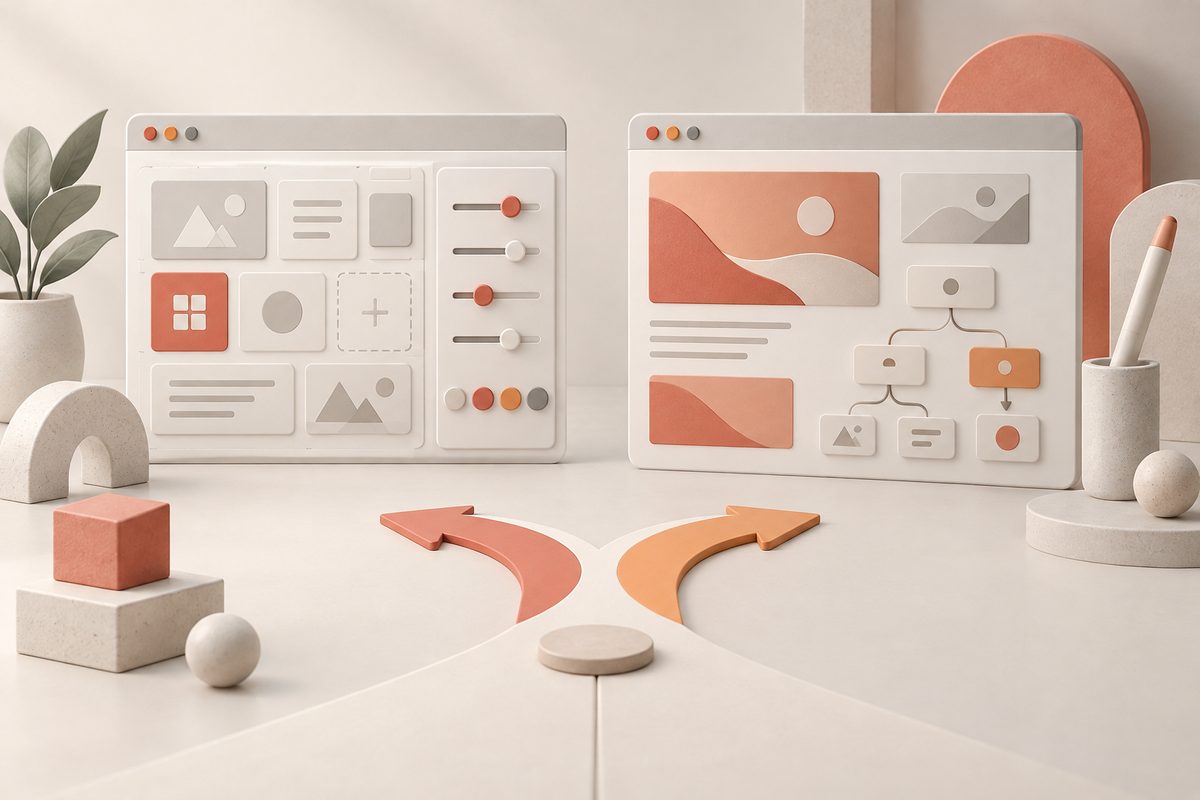 Illustration: Zwei Browserfenster zeigen einen modularen Website-Baukasten und eine individuell gestaltete Website mit interaktivem Fragenpfad.