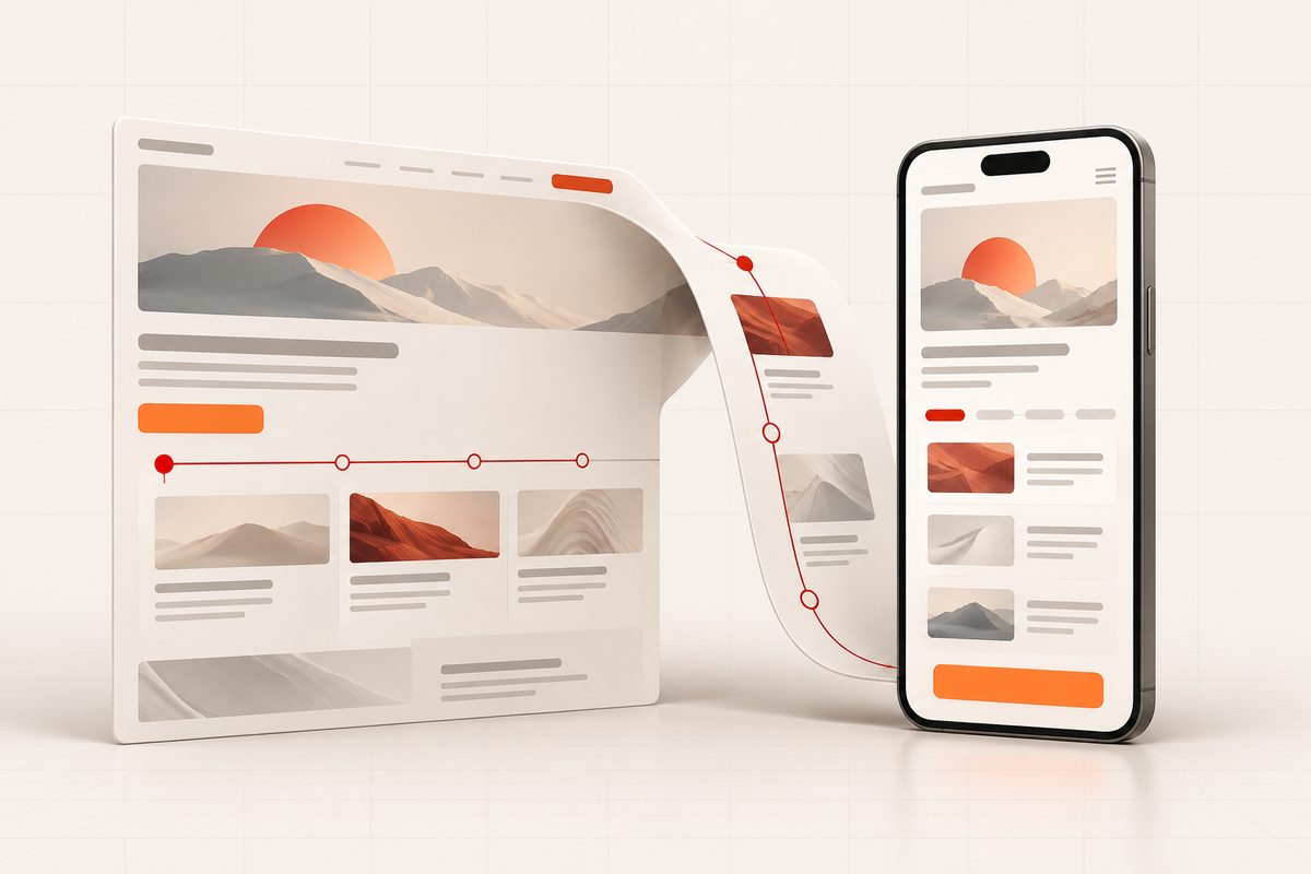Illustration: Eine breite Website geht in einen strukturierten Smartphone-Lesefluss mit markierten Abschnitten und Kontaktbutton über. Illustration: Eine breite Website geht in einen strukturierten Smartphone-Lesefluss mit markierten Abschnitten und Kontaktbutton über.
