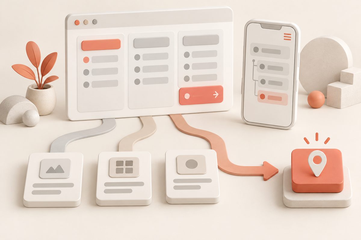 Illustration: Ein gegliedertes Website-Menü und eine eingerückte Smartphone-Navigation führen über geordnete Wege zu einem hervorgehobenen Inhaltsziel. Illustration: Ein gegliedertes Website-Menü und eine eingerückte Smartphone-Navigation führen über geordnete Wege zu einem hervorgehobenen Inhaltsziel.
