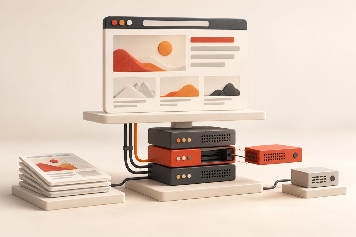 Illustration: Ein Browserfenster, vorbereitete Inhaltsseiten und getrennte Servermodule veranschaulichen die technischen Abhängigkeiten einer Website. Illustration: Ein Browserfenster, vorbereitete Inhaltsseiten und getrennte Servermodule veranschaulichen die technischen Abhängigkeiten einer Website.