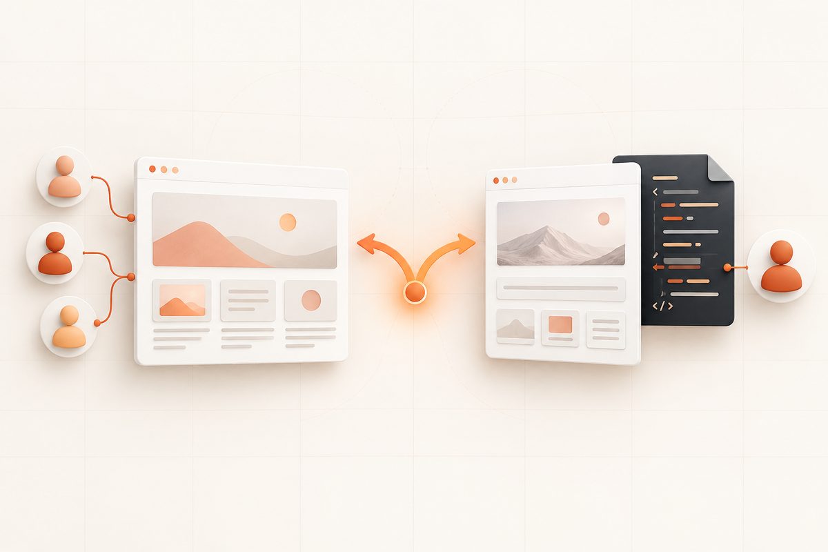 Illustration: Gemeinsame Inhaltspflege und eine zentral betreute Website mit Code stehen als zwei mögliche Wege nebeneinander.