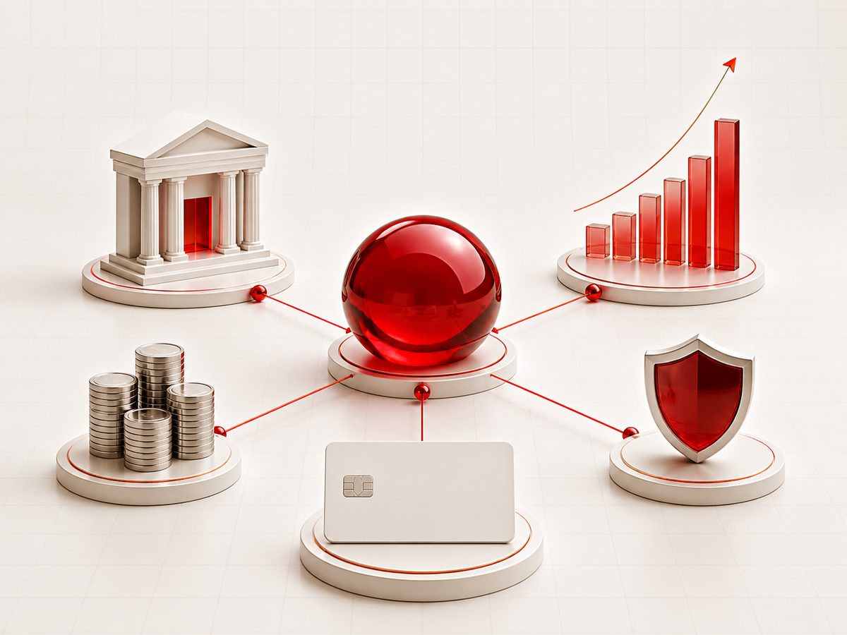 Abstrakte SQUAREMOON Darstellung für Finanzmarketing mit Bank, Münzen, Karte, Schutzschild und Wachstumsdiagramm