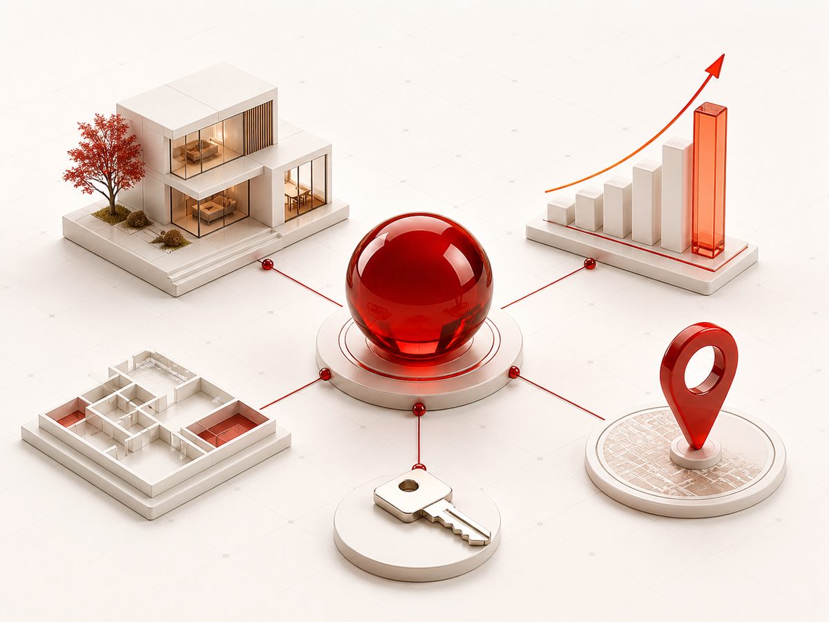 Abstrakte SQUAREMOON Darstellung für Immobilienmarketing mit Gebäude, Grundriss, Schlüssel, Standort und Wachstumsdiagramm