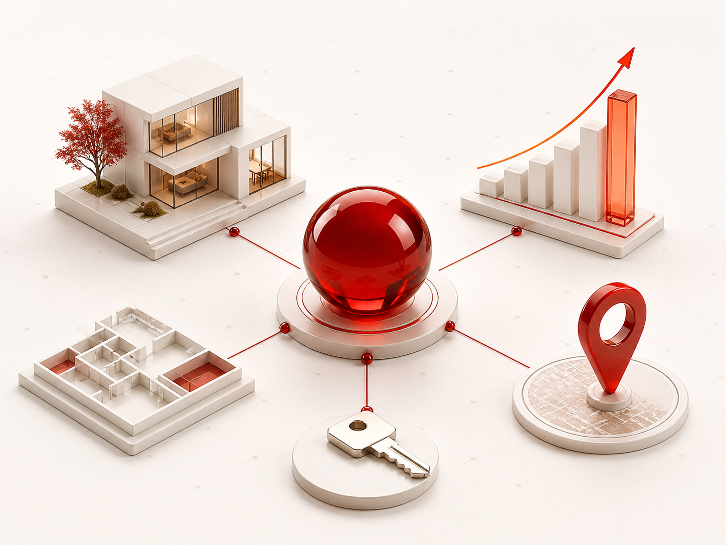 Abstrakte SQUAREMOON Darstellung für Immobilienmarketing mit Gebäude, Grundriss, Schlüssel, Standort und Wachstumsdiagramm