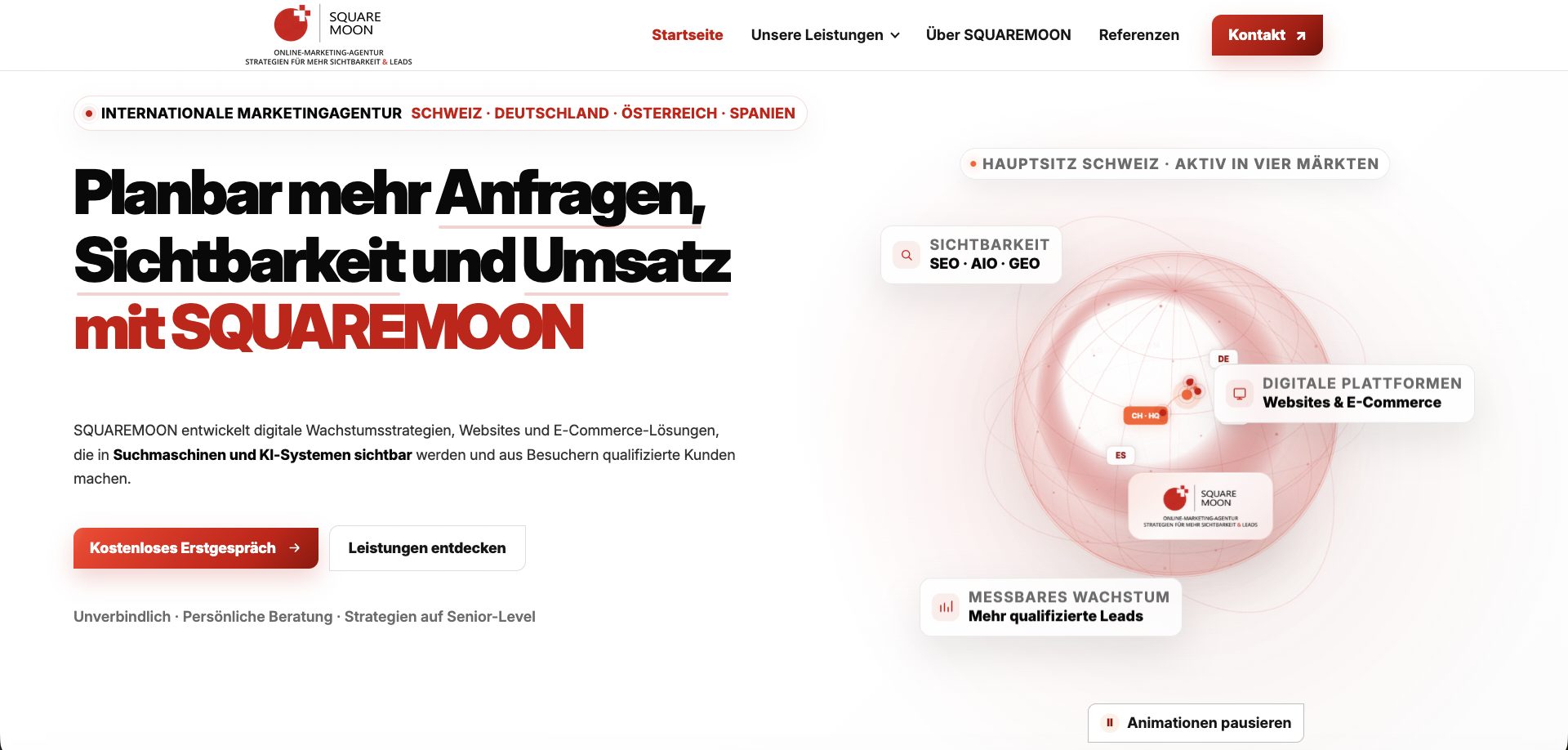 Above-the-Fold-Bereich der SQUAREMOON Website mit Leistungsversprechen und digitaler Weltkugel